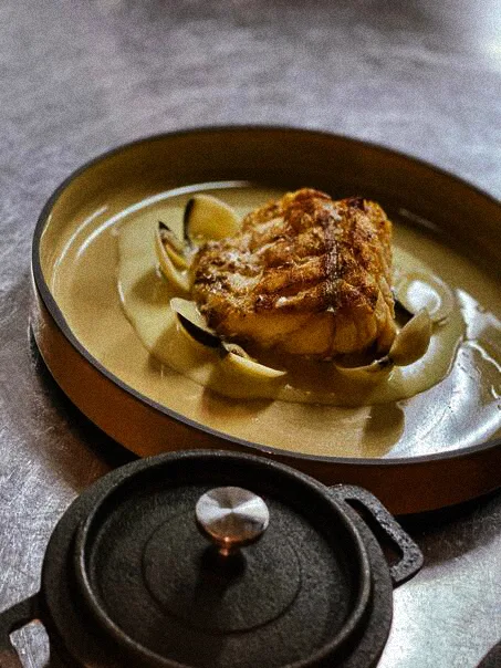 Angerichtetes Fischfilet auf cremiger Sauce mit Zwiebeldekor und serviert in Keramikschale.